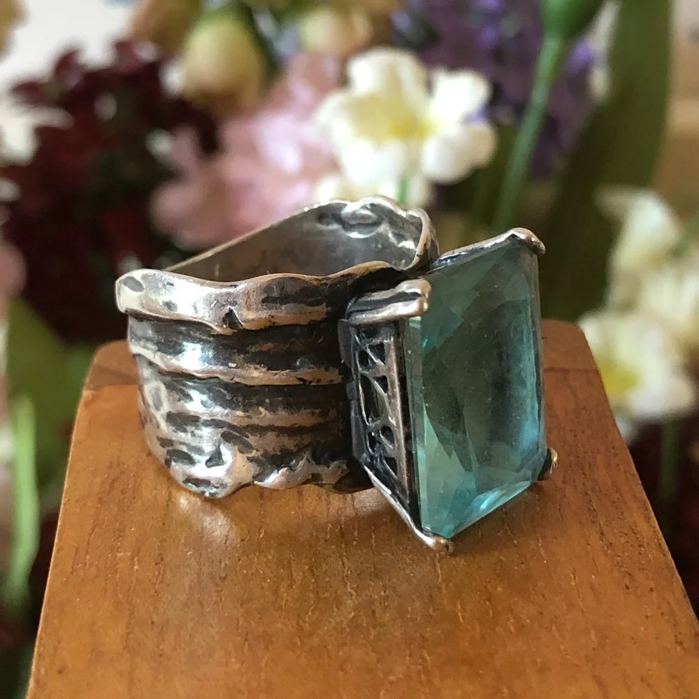Vintage Silpada Sterling Silver Aqua Glass Statement Ring Size 8 - Picture 13 of 14